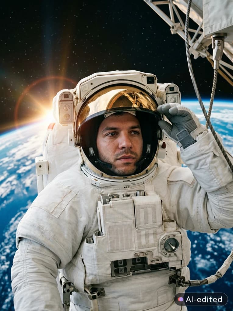 The same adult placed into a cinematic spacewalk scene: plain white suit, helmet visor up, Earth curving behind, sunrise flaring over the horizon