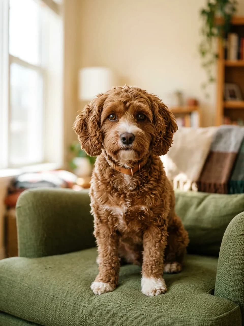 Original everyday snapshot of a curly-haired dog on a green armchair