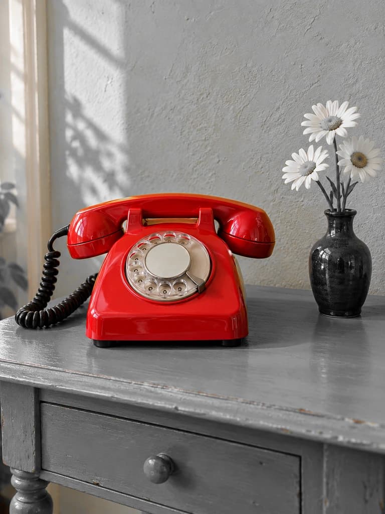 Street scene in monochrome with a red telephone retained in color