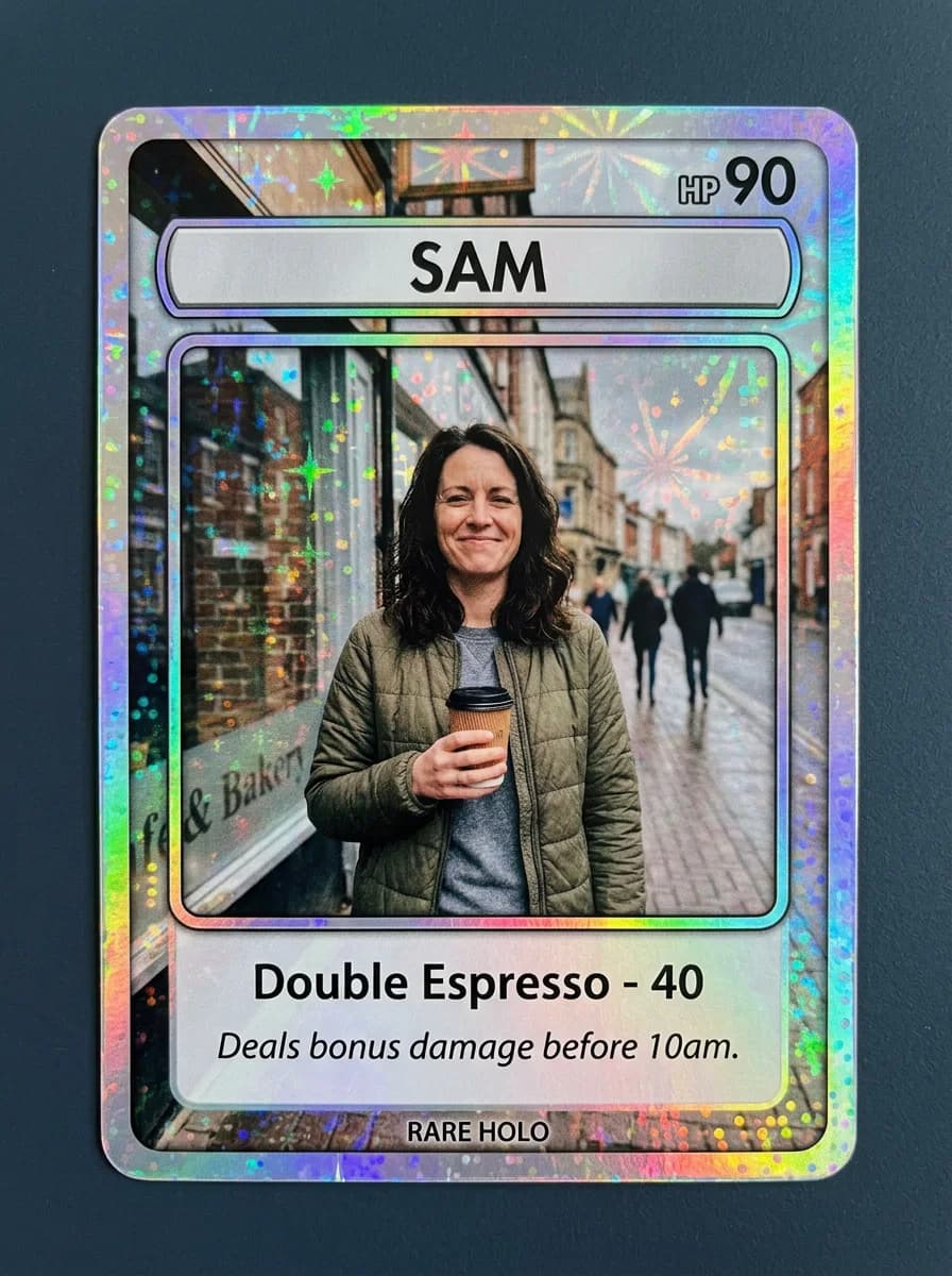 Collector Card: a person on a street as a holographic trading card. concept preview