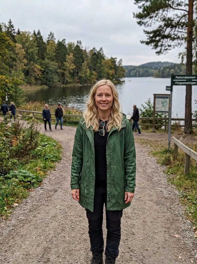 Woman on a lakeside path, now with loose beach waves in her own blonde hair
