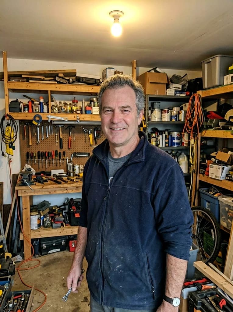 Man in a workshop, now clean-shaven with his grey hair unchanged