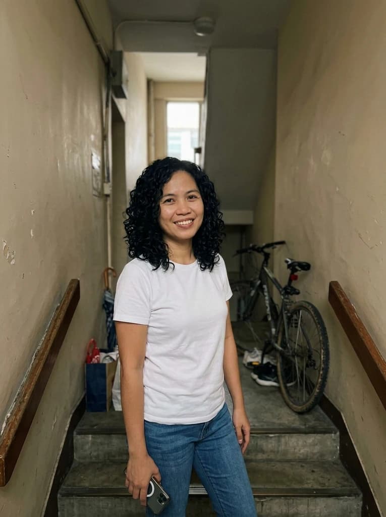 Woman in a narrow stairwell, now with defined black curls
