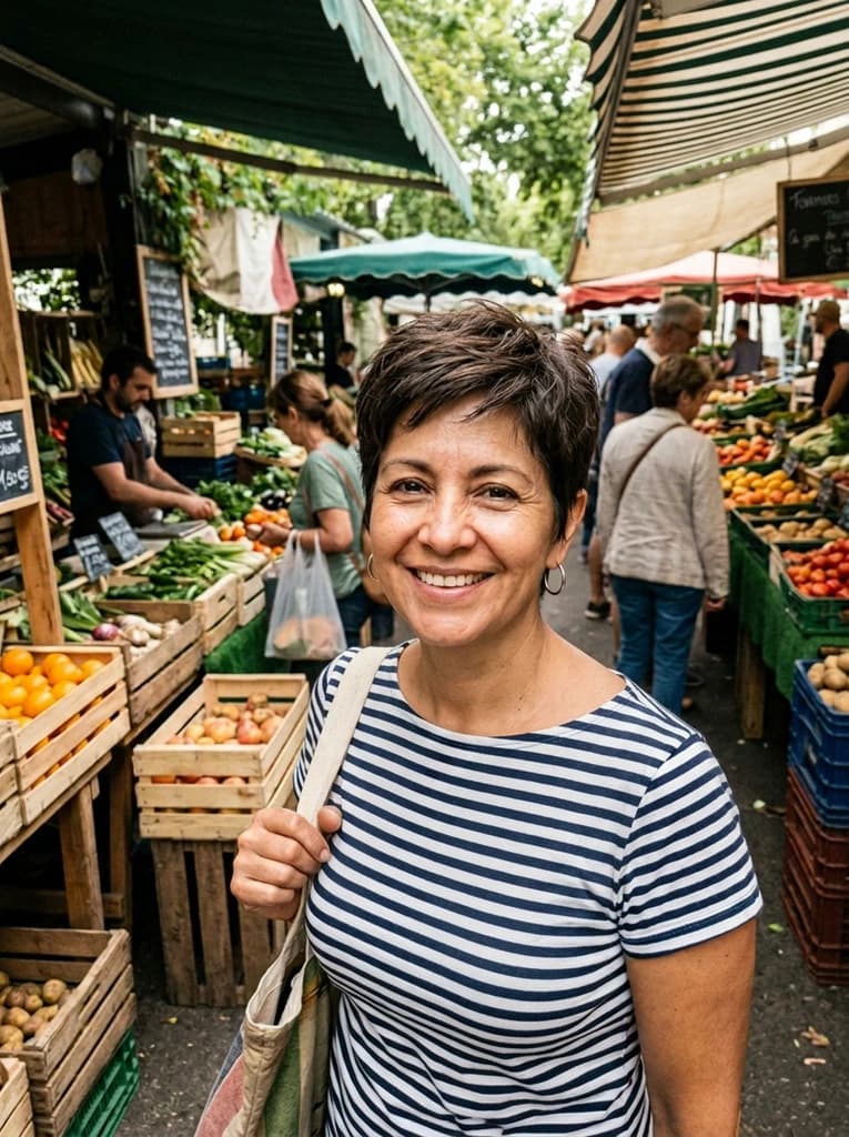 Woman at a market stall, now with a short textured pixie cut in her own dark brown hair