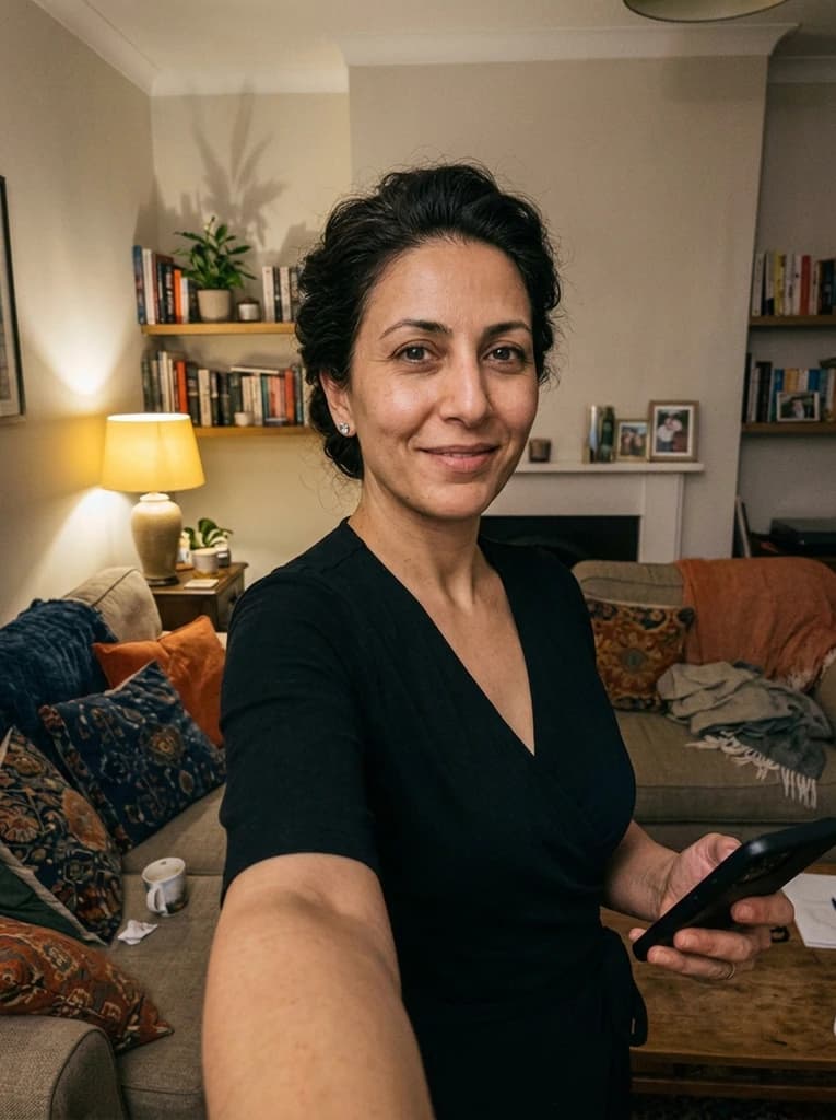 Woman in a living room, now with her dark hair pinned up in an updo