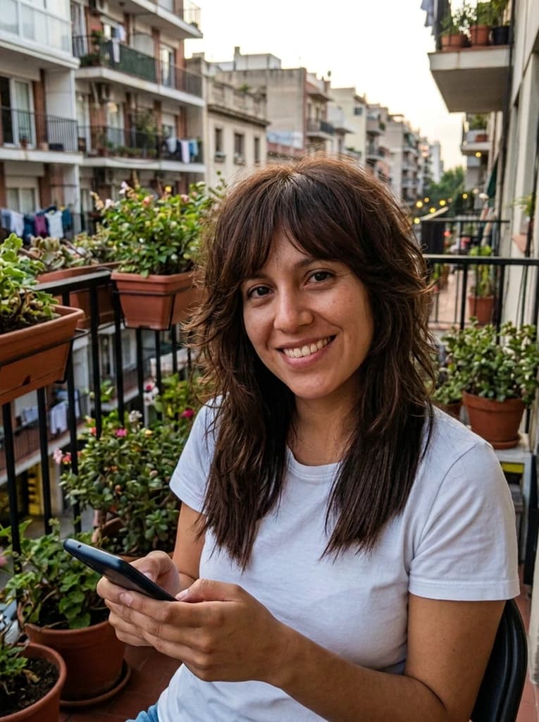 Woman on a balcony, now with a layered shag and wispy fringe copied from the reference, in her own dark hair colour