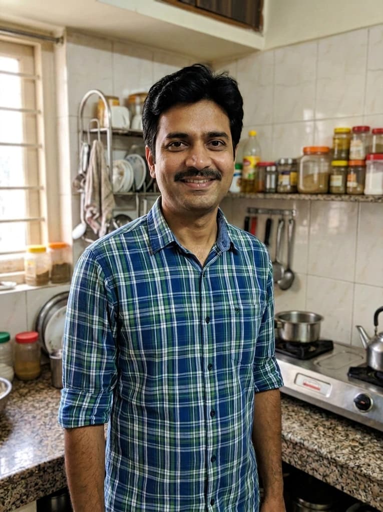 Man in a kitchen, now with a dark moustache