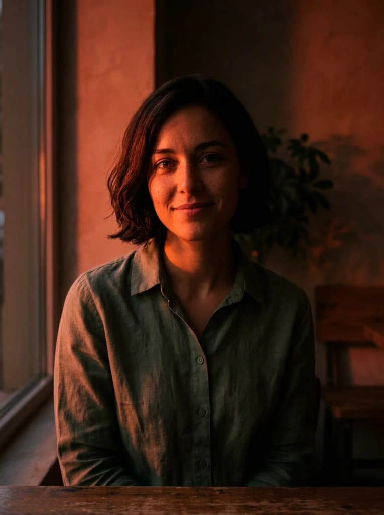 Original cafe portrait relit with warm dramatic side lighting