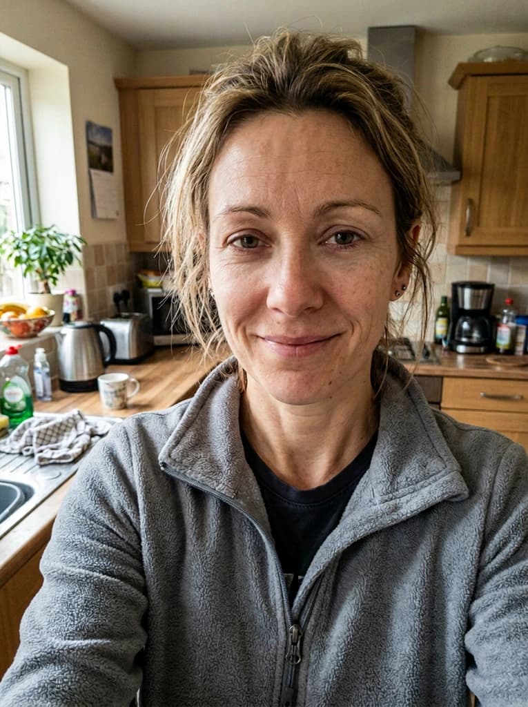 Woman's face with lighter under-eye shadows, looking more rested