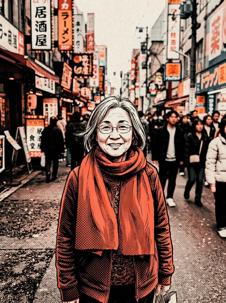 Woman on a busy street redrawn as a comic-book ink illustration with halftone dots