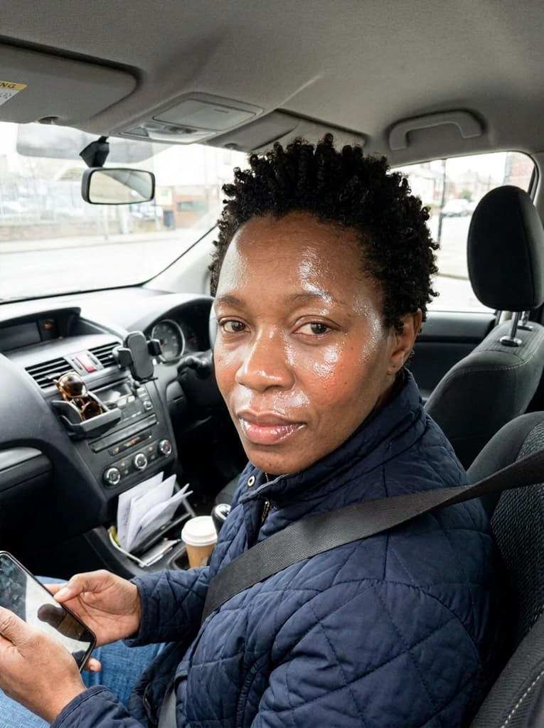 Woman in her forties in a parked car, now with a dewy, glowing skin finish and glossy lips