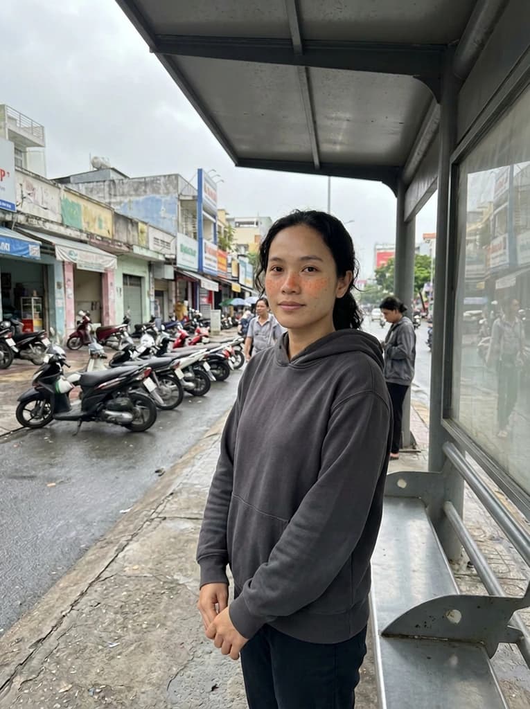 Woman at a bus stop, now with sparse cosmetic freckles across the nose and cheeks and a flush of blush