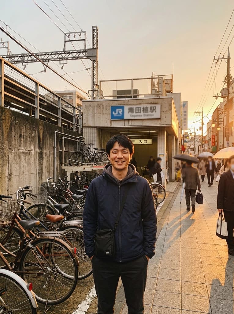 Man outside a station, relit with warm low golden-hour sun