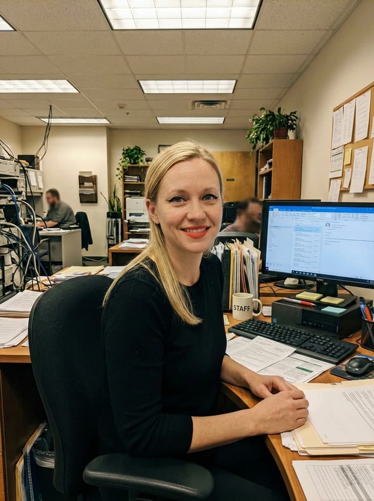 Blonde woman at an office desk, now wearing a bold red lip and winged eyeliner copied from the reference photo