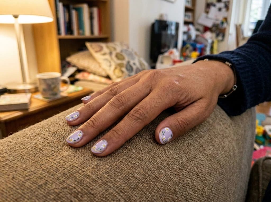Hand on a sofa arm, now with lilac nails and small white daisies copied from the reference