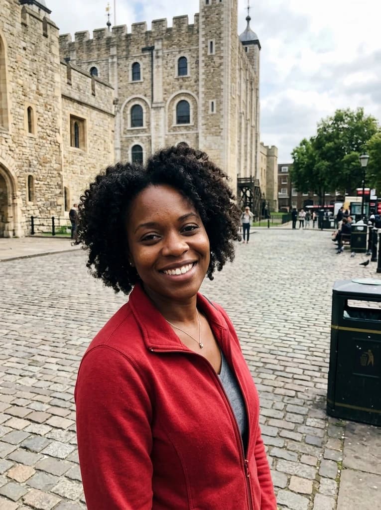 Woman in front of a stone landmark, with the passer-by in the background removed