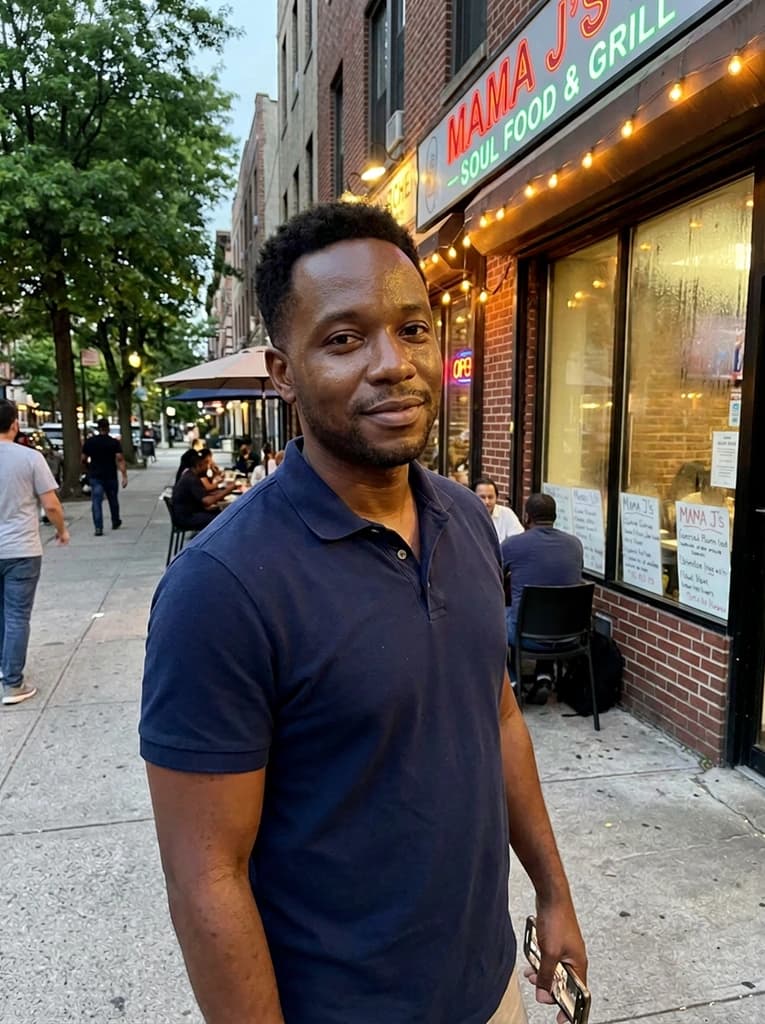 Man outside a restaurant with reduced shine on his forehead, nose and cheeks