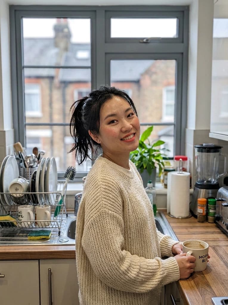 Woman in her twenties in a sunlit kitchen, now with soft glam: rosy cheeks, a soft coral lip and lightly warmed eyes