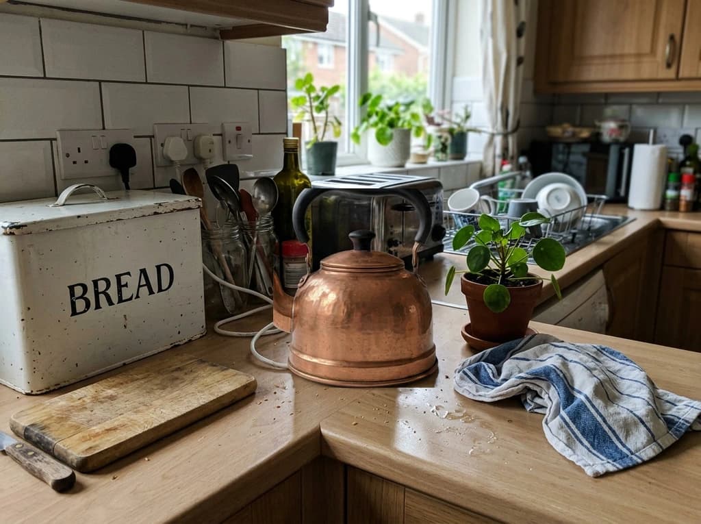 Kitchen counter where the white kettle is replaced by a copper kettle from the reference photo