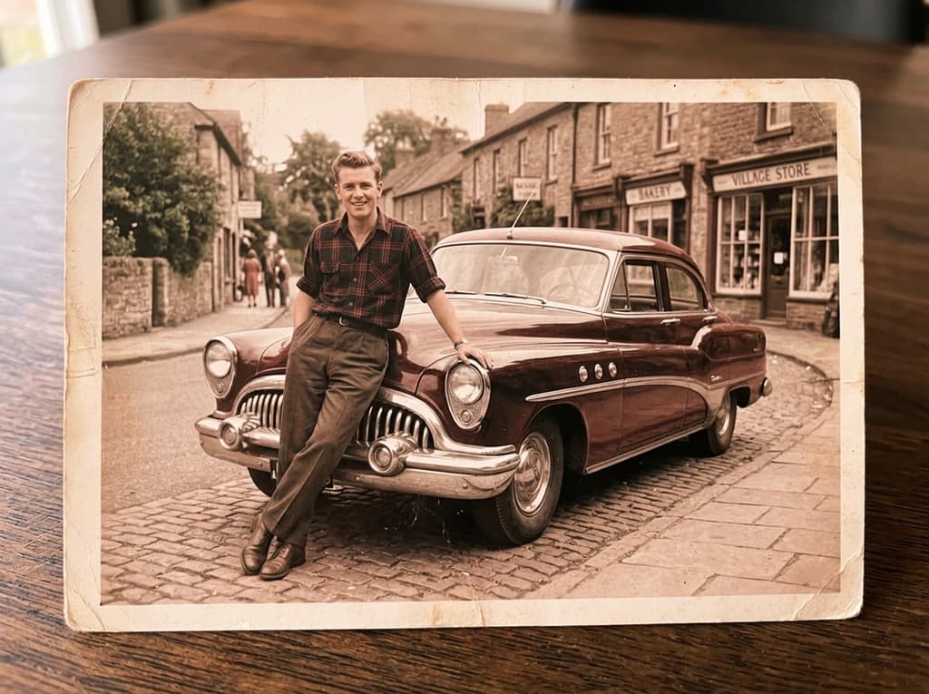 Old 1950s photograph of a man leaning on a car, with soft vintage colour added