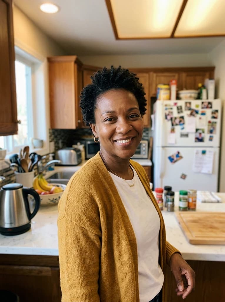 Everyday kitchen snapshot of a smiling adult after a moderate contraction of the selected cheek and jaw area; the rest of the photo is unchanged