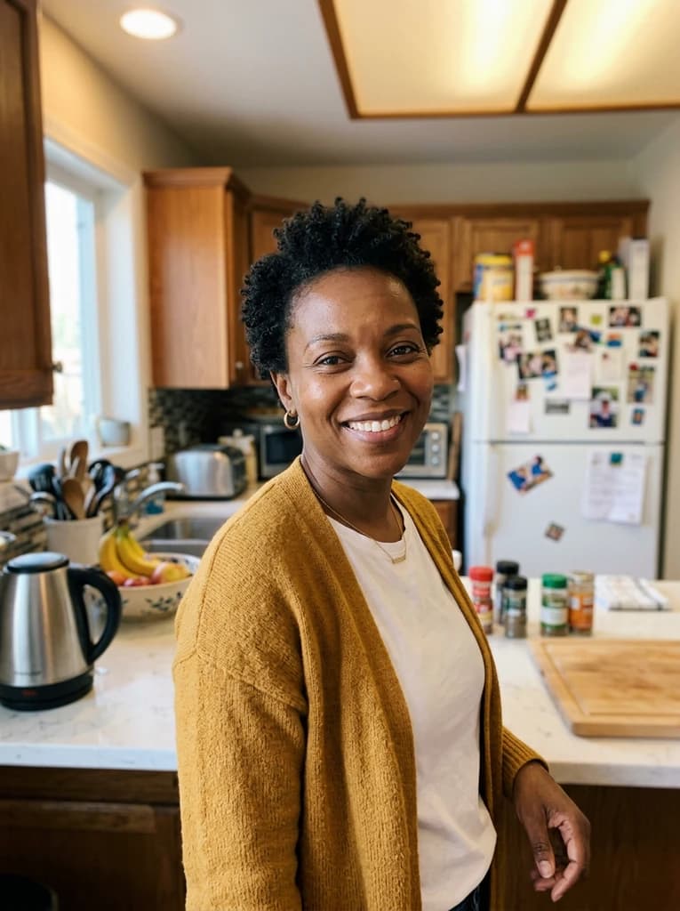 Original everyday kitchen snapshot of a smiling adult before the selected local shape adjustment