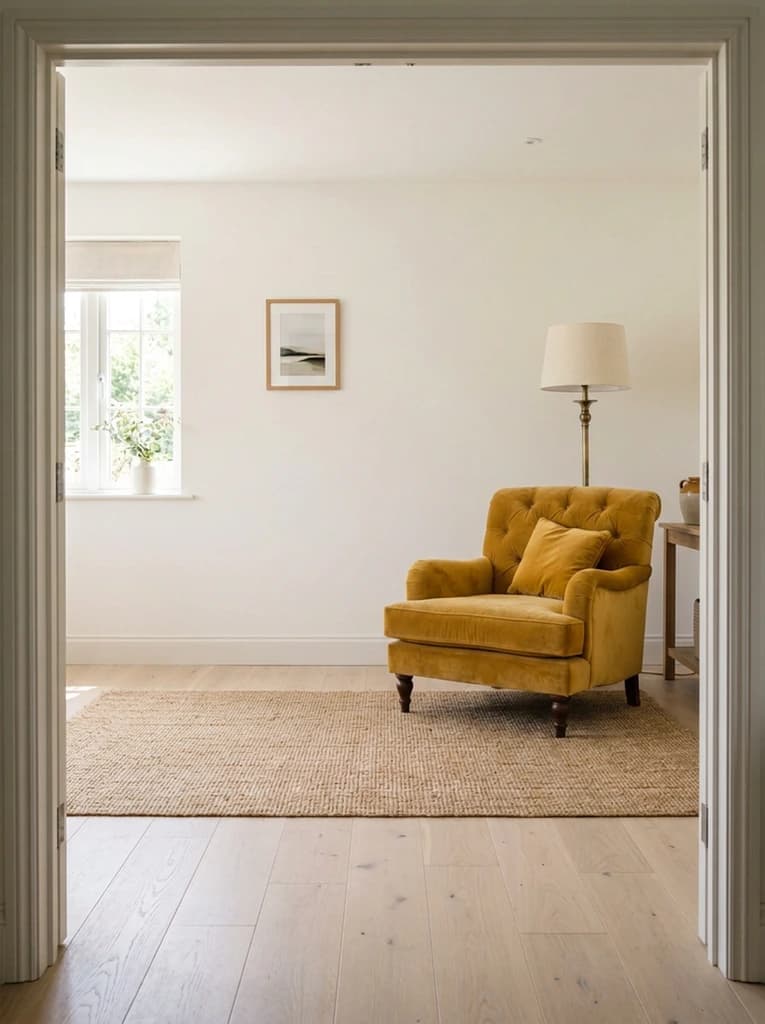 The mustard armchair moved to the right half of the rug beside the brass floor lamp in the original living room