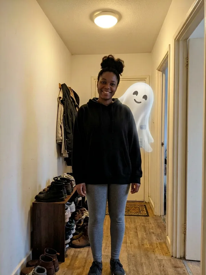 Behind You: a person standing in a hallway with a friendly translucent ghost peeking out from behind her shoulder. concept preview