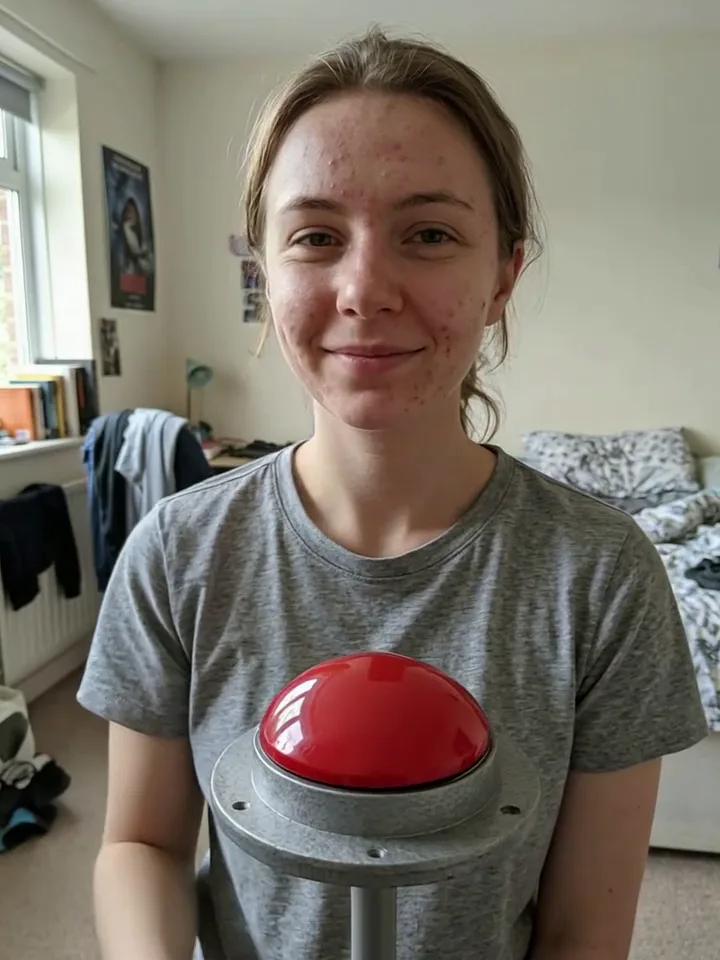 Big Red Button: a person presses a big red button and confetti fills the air around them. concept preview