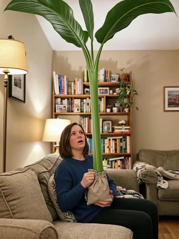 Bottomless Bag: a person pulls a giant plant out of a small pouch until it towers over them. concept preview