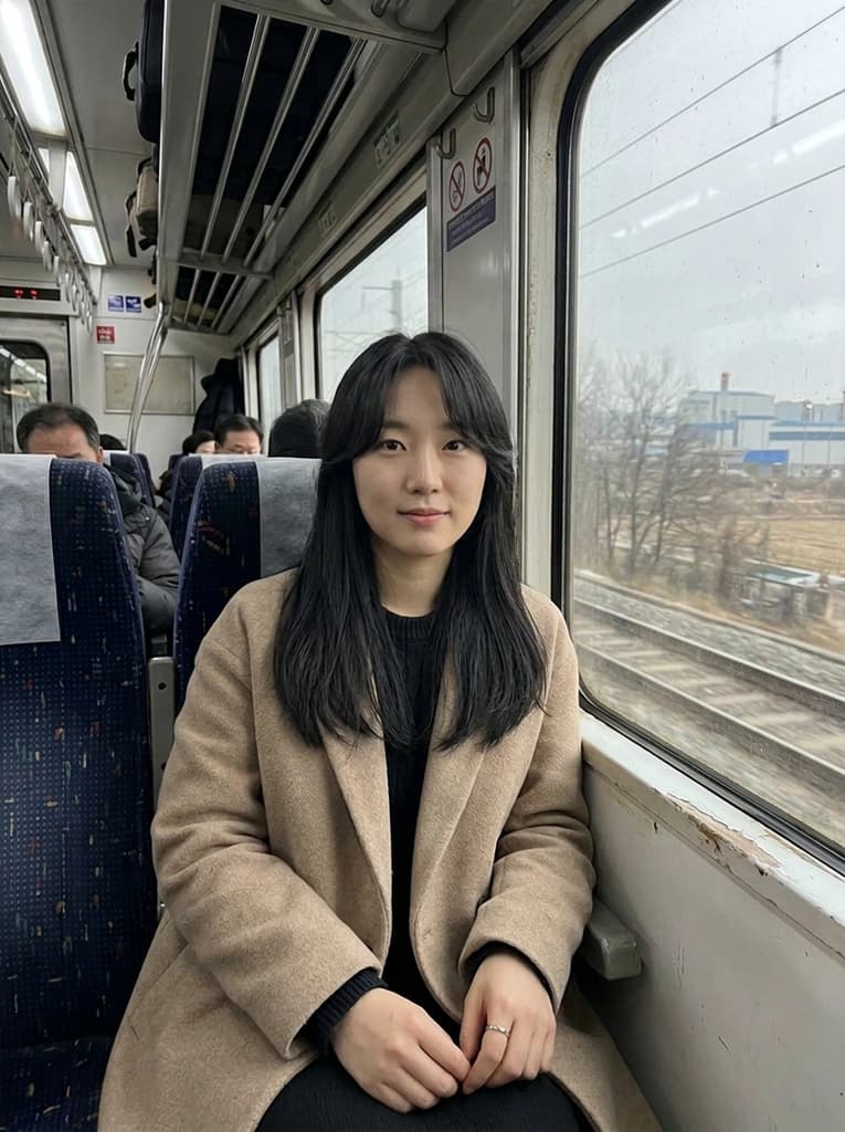 Woman on a train, now with soft curtain bangs in her own black hair
