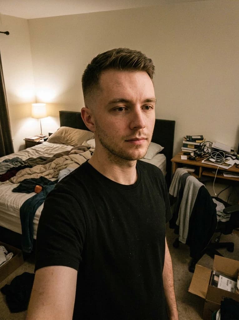 Man in a bedroom, now with a short textured crop and faded sides in his own brown hair