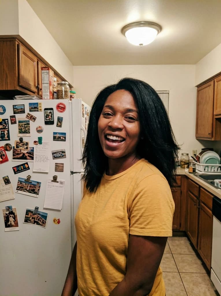 Woman in a kitchen, now with sleek straight black hair