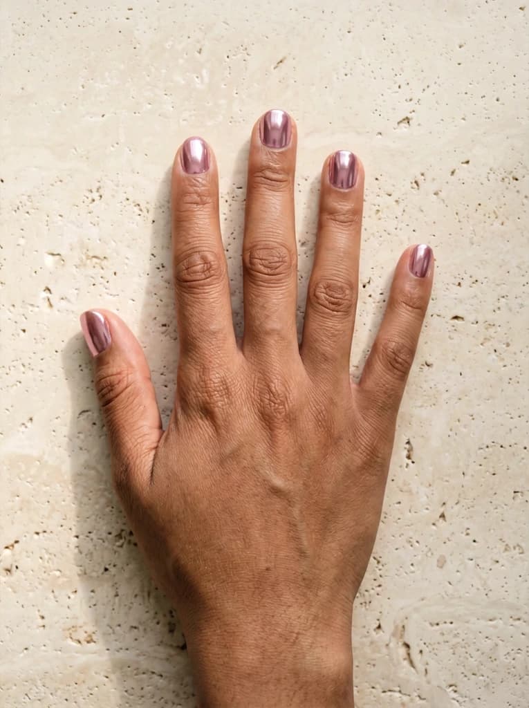 The original five-finger hand with reflective rose-chrome polish on all five nails