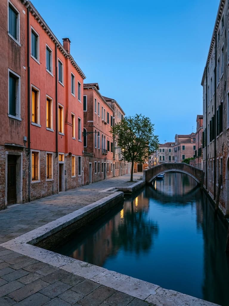 Original canal photograph expanded vertically with continuous rooftops, sky, water and foreground paving
