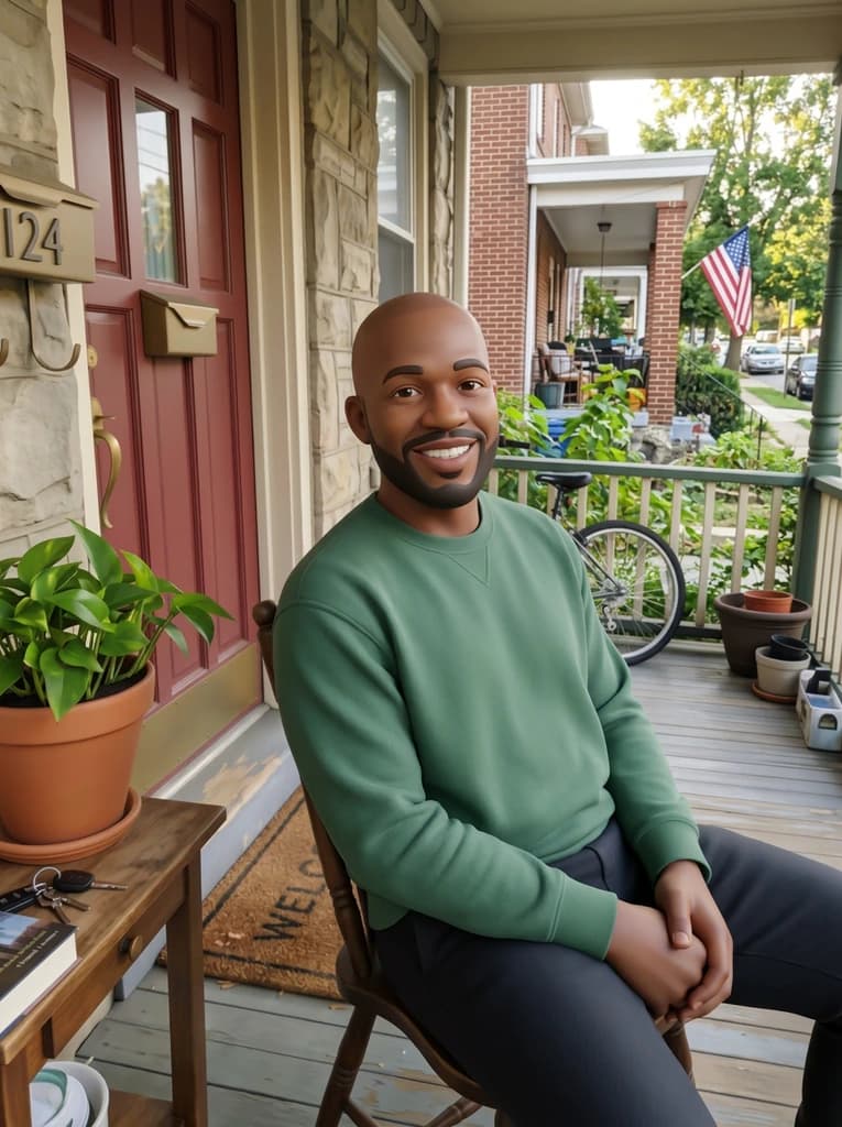 Man on a porch as a 3D animated-film character