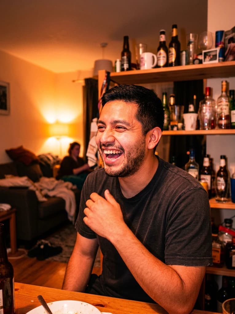 Man laughing in a flat, relit with a warm brighter late-night flash look