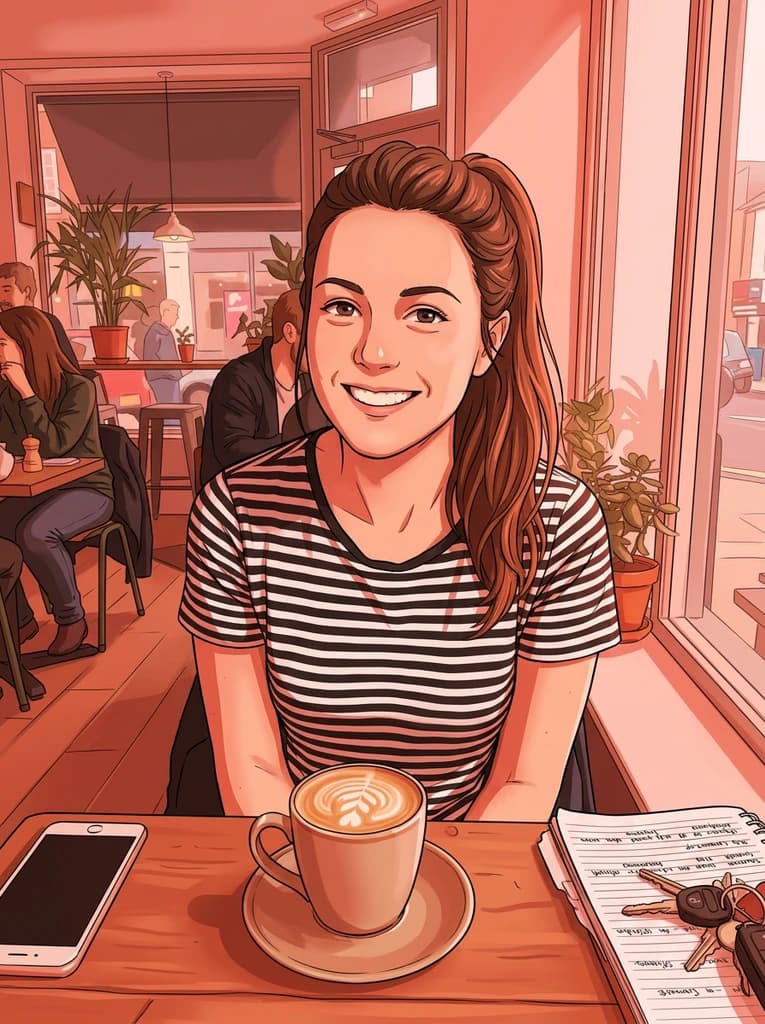 Woman at a cafe table redrawn as an anime character