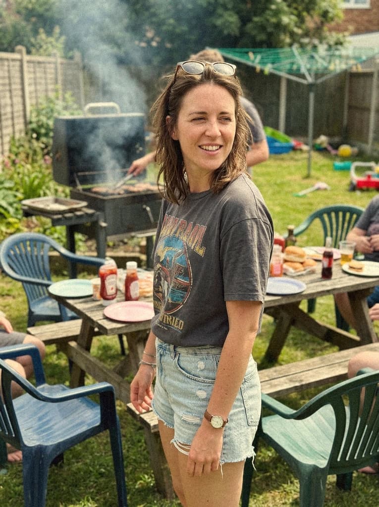 Woman at a barbecue with the warm cast and grain of a disposable camera