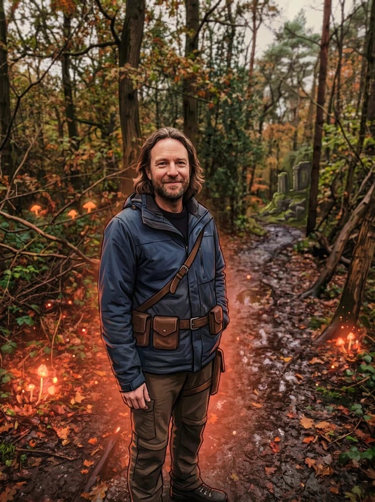 Man on a forest trail as a fantasy adventurer with a leather belt and glowing embers
