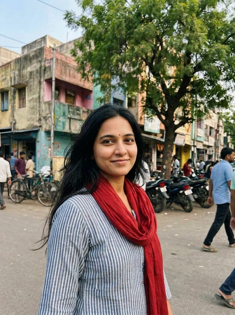 Woman on a street, now with her eyes open instead of blinking