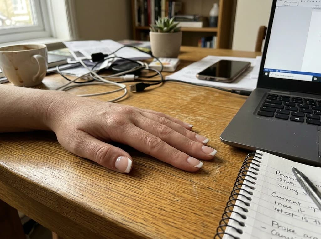 Hand on a desk, now with a white-tip French manicure