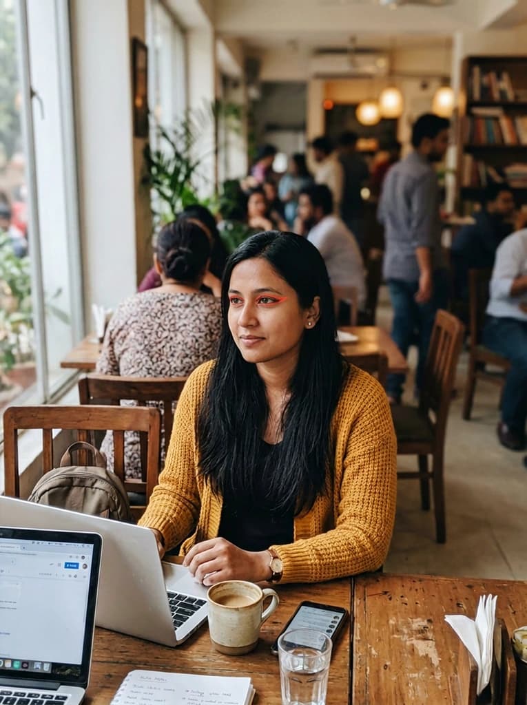 Woman at a cafe table, now with a bold coral graphic eyeliner line on each eye