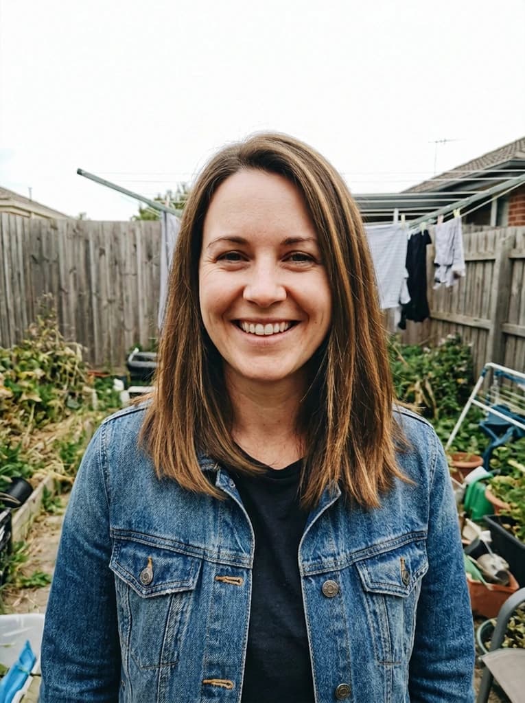 Woman in a backyard, now with warm honey highlights through her brown hair