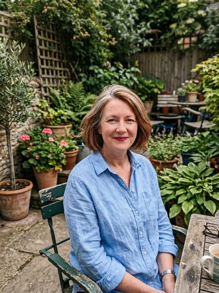 Woman in her fifties in a garden, now wearing a berry lipstick