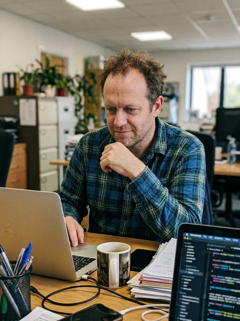 Man at a desk, now with a calm, relaxed expression instead of a frown