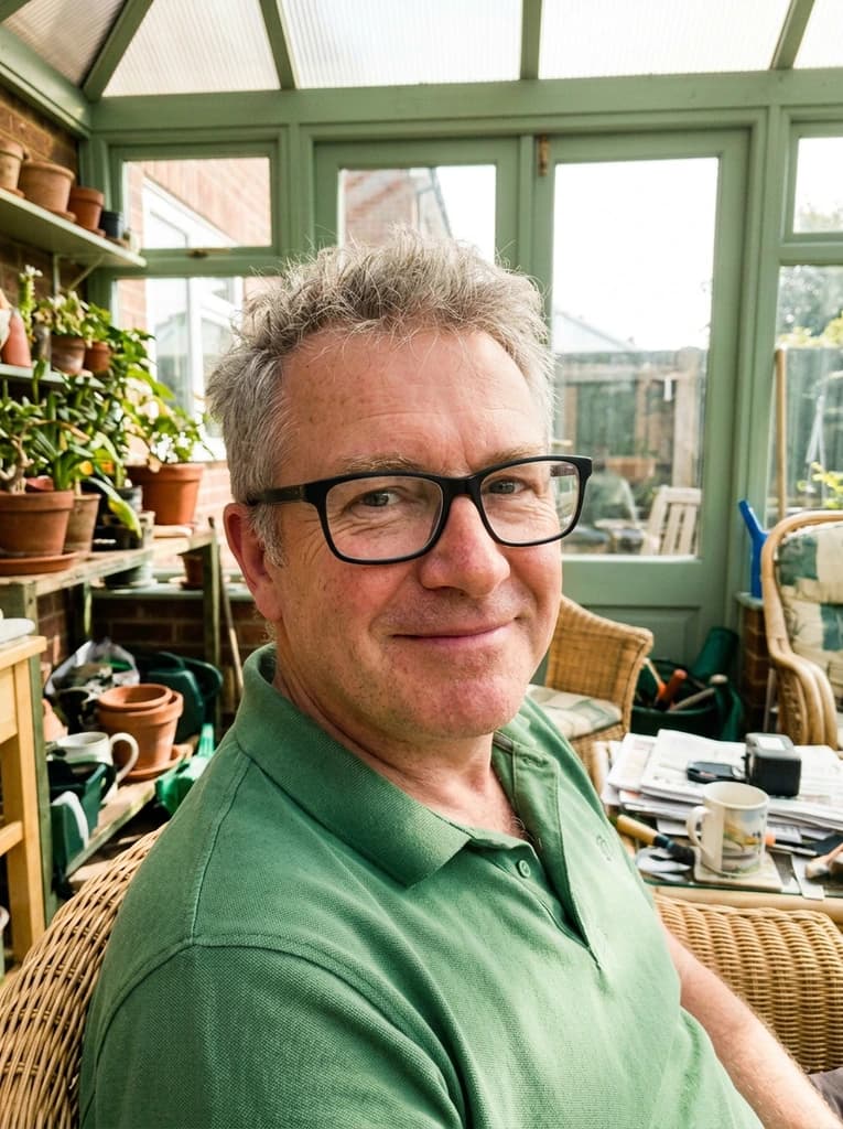 Man with glasses in a conservatory, with the glare on the lenses removed so his eyes show