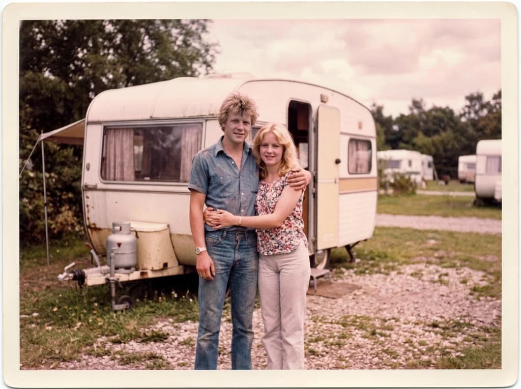 Old campsite photo of a couple, with the faded colour and contrast restored