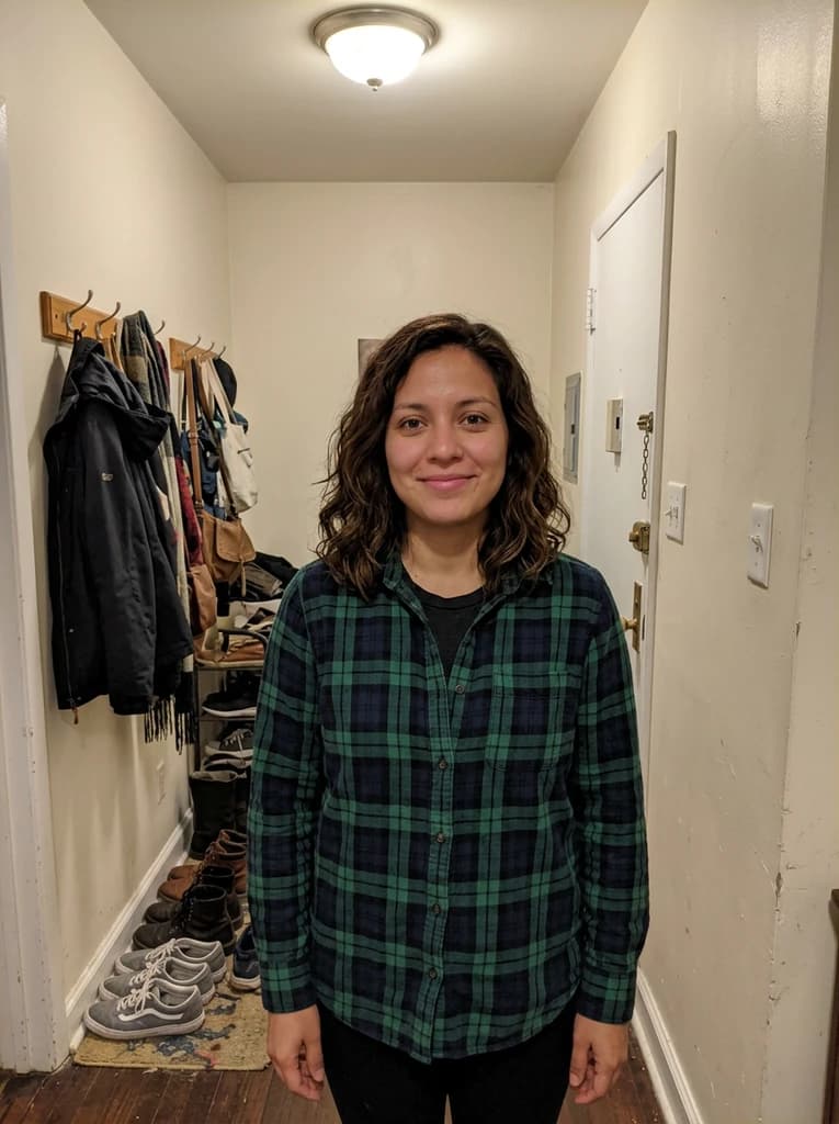 Original example snapshot of a woman in her late twenties with wavy brown hair and bare eyes in a narrow hallway