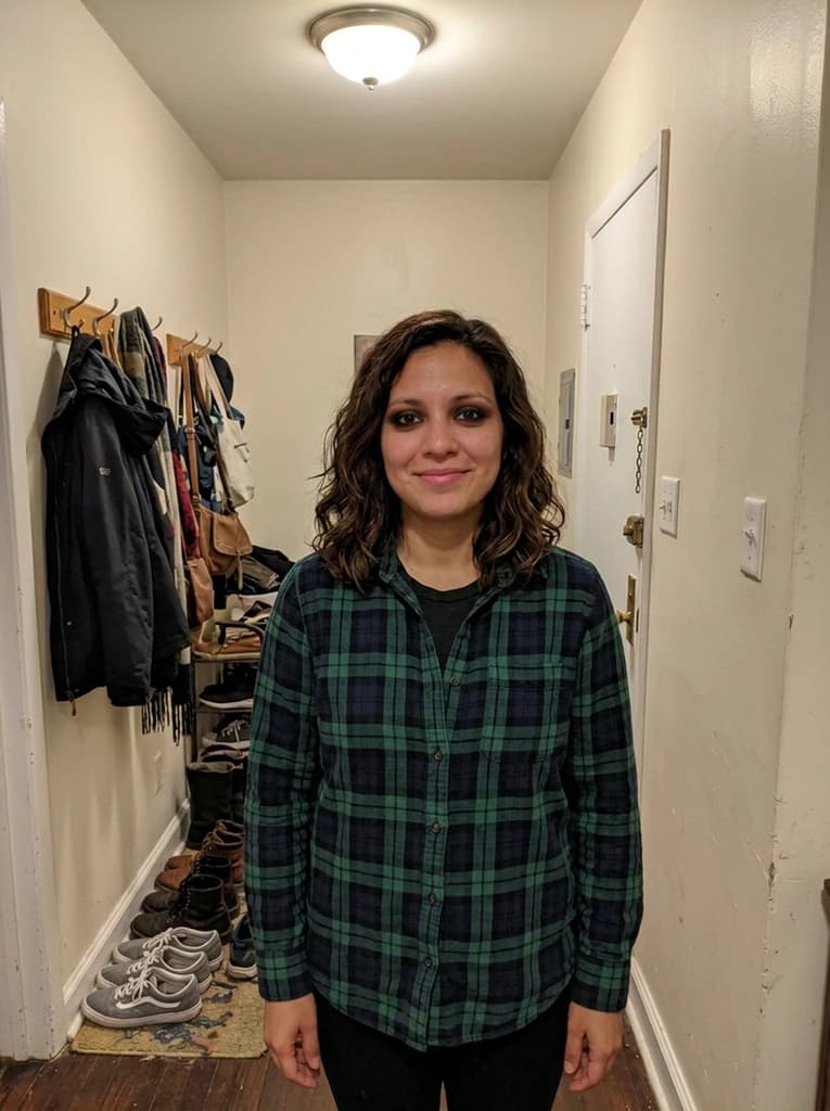 Woman in her late twenties in a hallway, now with blended dark smoky eyeshadow around both eyes